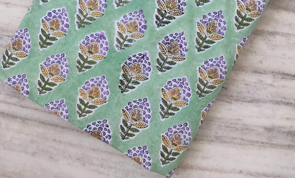 Green Cotton Fabric with Purple & Yellow Floral Print, Hand Block Print Fabric by the Yard, Soft Indian Cotton for Quilting, Dressmaking