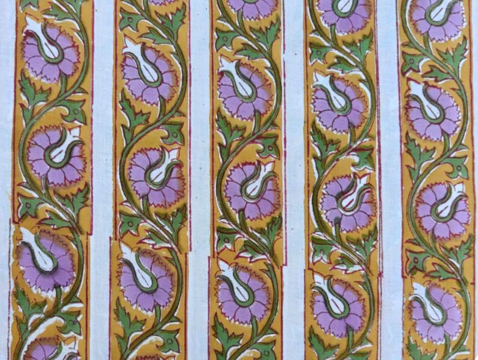 Mustard Yellow Floral Cotton Fabric by Yard, Paisley Stripe Block Print, Indian Handmade Fabric, Bohemian Craft Textile Loose Running Fabric