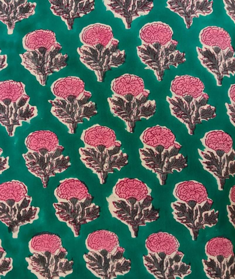 Green Floral Cotton Fabric, Pink Hand Block Print Indian Fabric, Botanical Cotton Textile, Soft Cotton Yardage, Dressmaking Craft Fabric