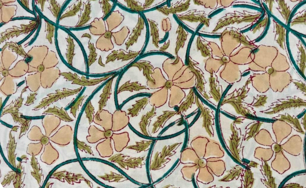 Floral Cotton Fabric, Peach Floral Block Print Fabric, Indian Hand Printed Fabric by the Yard, Cotton Fabric, Table Cover Fabric, Napkins