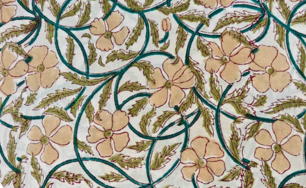 Floral Cotton Fabric, Peach Floral Block Print Fabric, Indian Hand Printed Fabric by the Yard, Cotton Fabric, Table Cover Fabric, Napkins