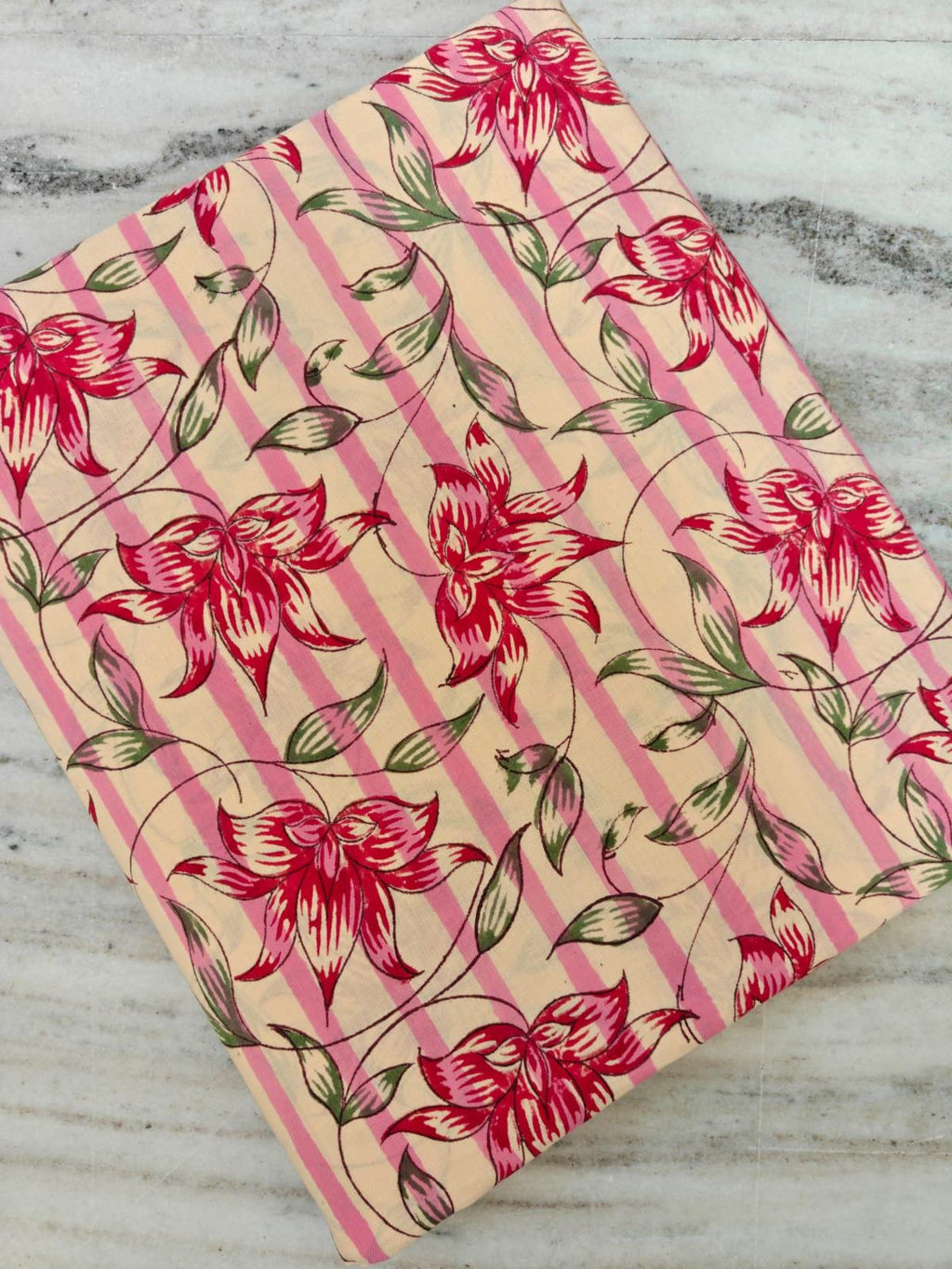 Red Floral Cotton Fabric, Pink Stripe Background, Indian Block Print Style, Dressmaking, Quilting & Home Decor Fabric by the Yard, Napkins