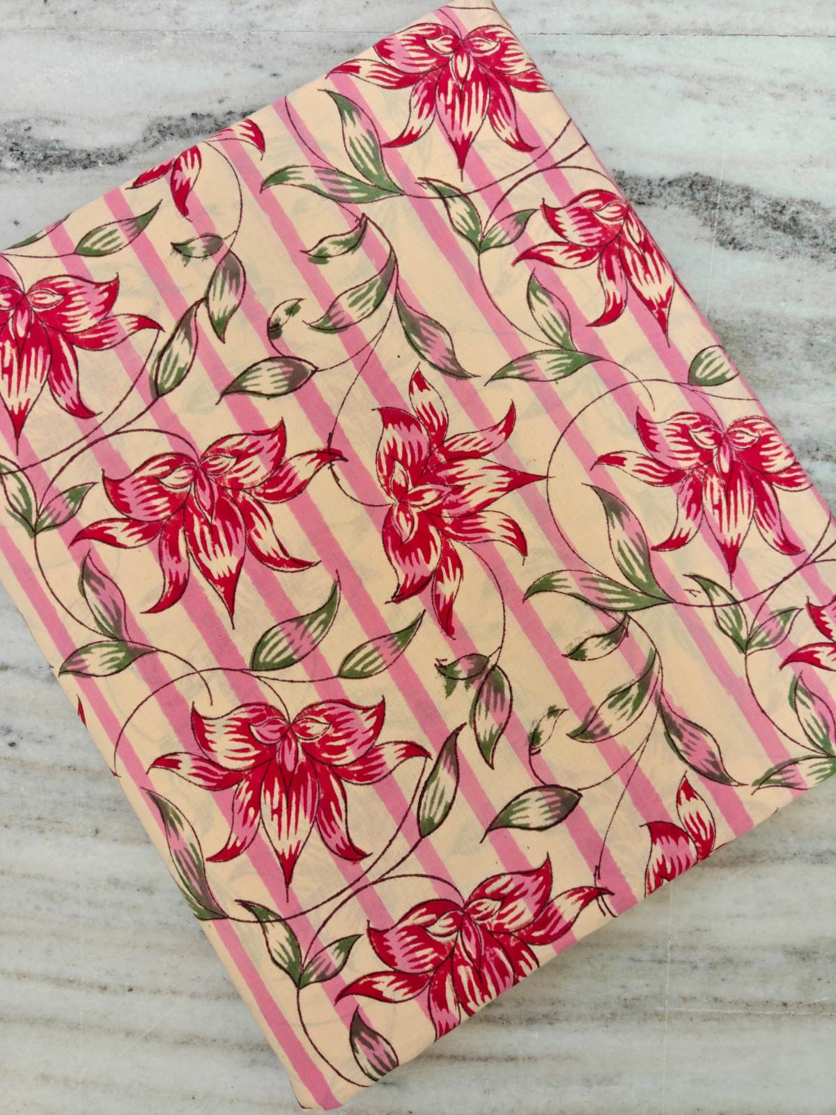 Red Floral Cotton Fabric, Pink Stripe Background, Indian Block Print Style, Dressmaking, Quilting & Home Decor Fabric by the Yard, Napkins