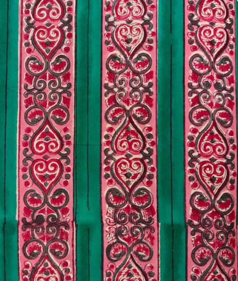 Green Pink Striped Cotton Fabric, Indian Block Print Fabric, Ornamental Border Print Cotton, Dressmaking Sewing Fabric, Boho Craft Textile