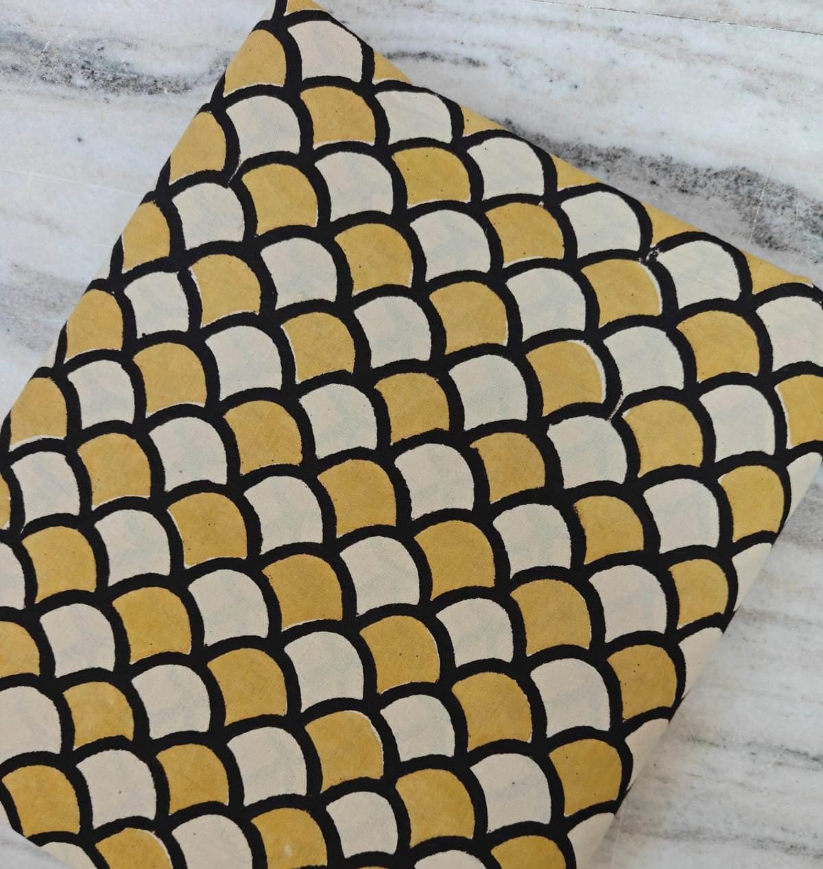 Hand Block Print Cotton Fabric, Mustard & Cream Scallop Pattern, Geometric Indian Textile, Cushion Covers, Quilting Craft Fabric