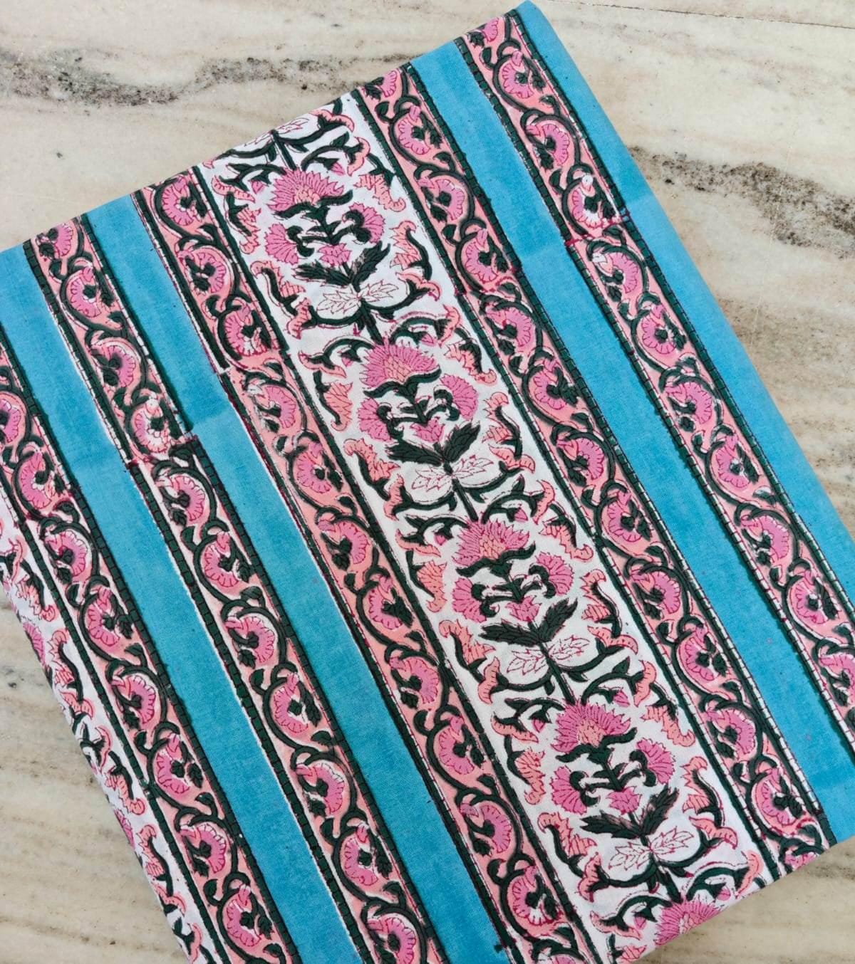 Pink Floral Block Print Cotton Fabric, Turquoise Stripe Indian Fabric, Hand Block Printed Cotton Yardage, Boho Craft Sewing Textile
