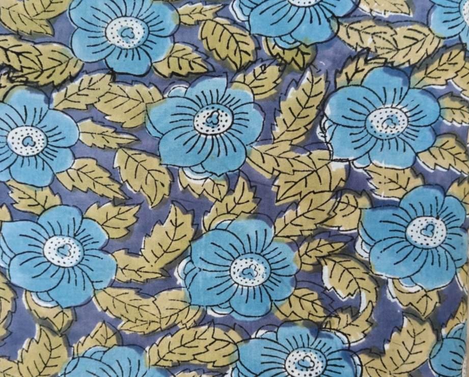 Blue Floral Cotton Fabric, Hand Block Print Fabric, Indian Cotton Fabric by Yard, Vintage Style Flower Print, Sewing Quilting Craft Fabric