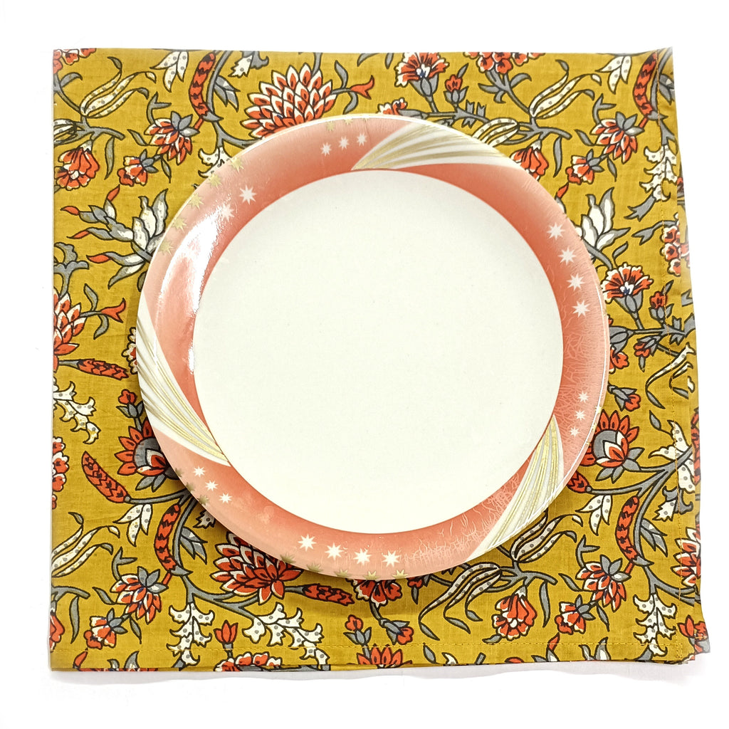 Yellow Floral Block Print Cotton Napkins: Scalloped Dinner Napkins (Set of 4)