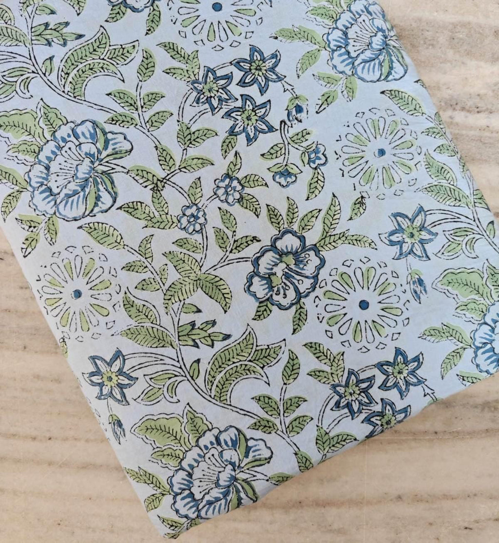 Light Blue Indian Hand Block Print Fabric, Floral 100% Cotton Quilting Fabric By The Yard, Fabric For Dress Making, Loose Running Fabric