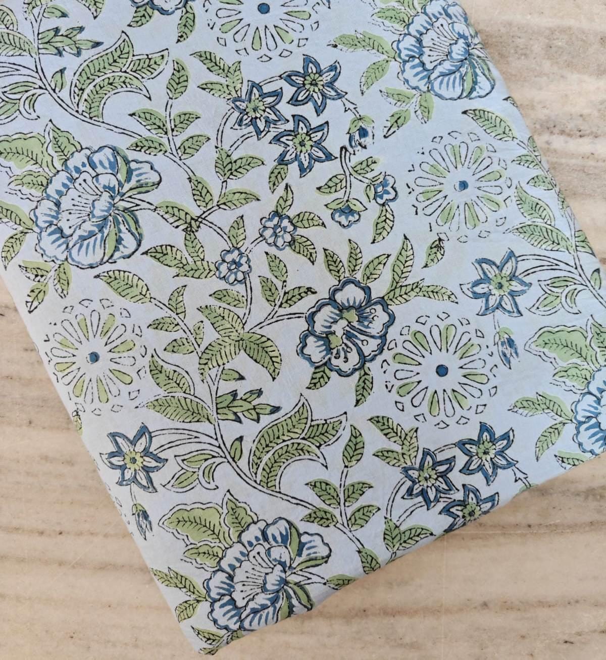 Light Blue Indian Hand Block Print Fabric, Floral 100% Cotton Quilting Fabric By The Yard, Fabric For Dress Making, Loose Running Fabric