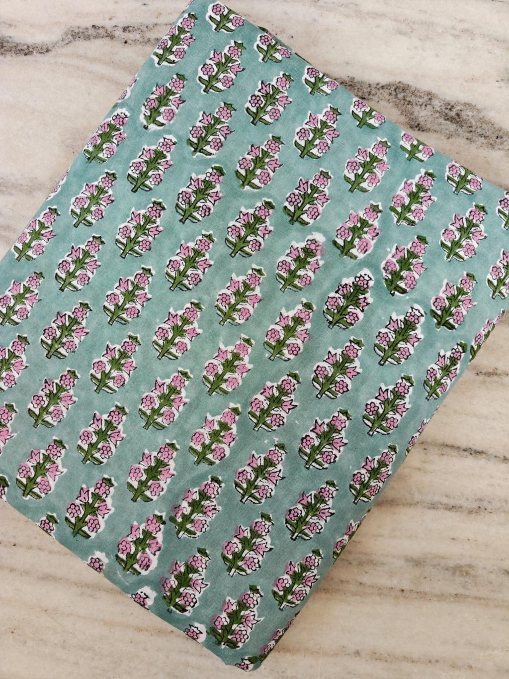 Hand Block Print Cotton Fabric, Floral Cotton Fabric by Yard, Indian Handmade Fabric, Green Pink Flower Print, Craft Sewing Quilting Fabric