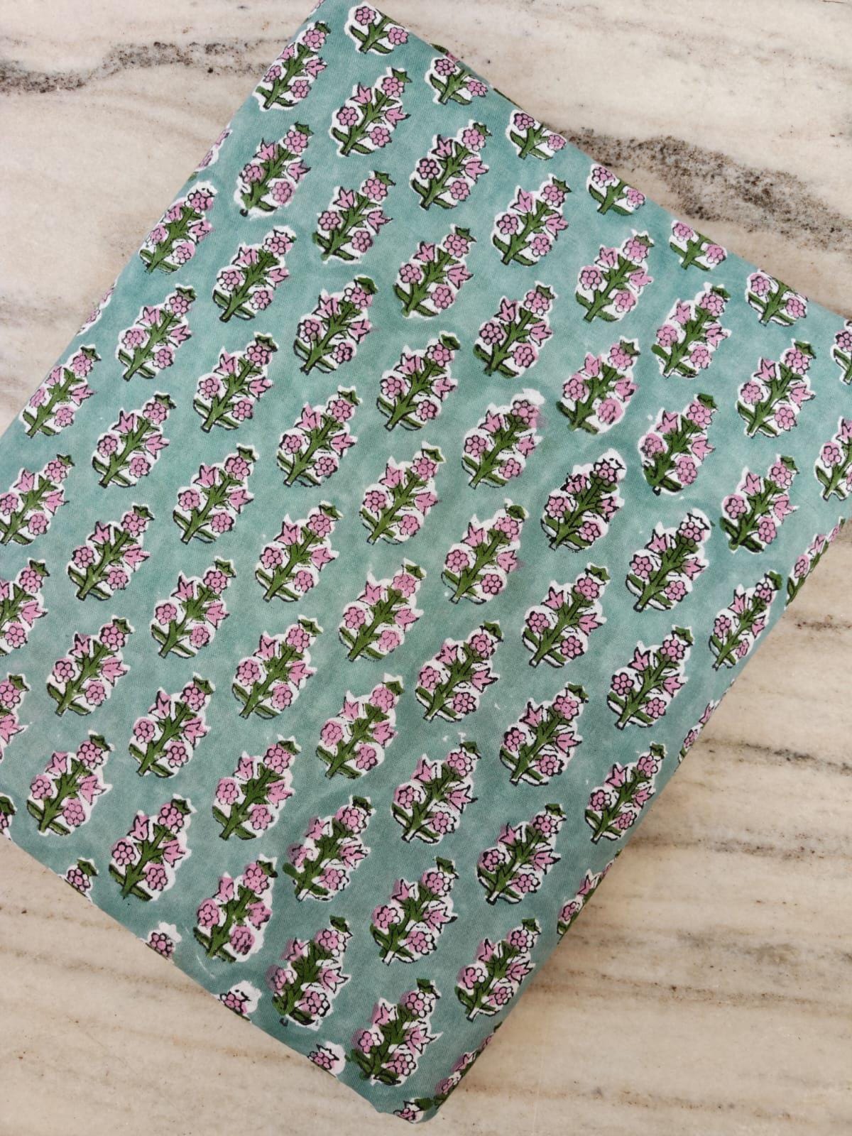 Hand Block Print Cotton Fabric, Floral Cotton Fabric by Yard, Indian Handmade Fabric, Green Pink Flower Print, Craft Sewing Quilting Fabric