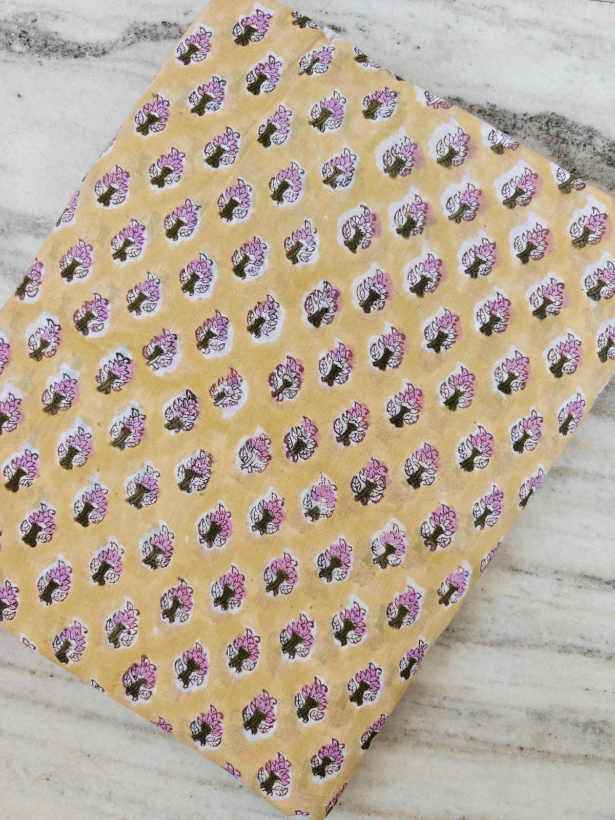 Hand Block Print Cotton Fabric – Yellow Booti Floral Indian Fabric by the Yard – Pink Buta Print Textile for Sewing, Quilting, Dressmaking