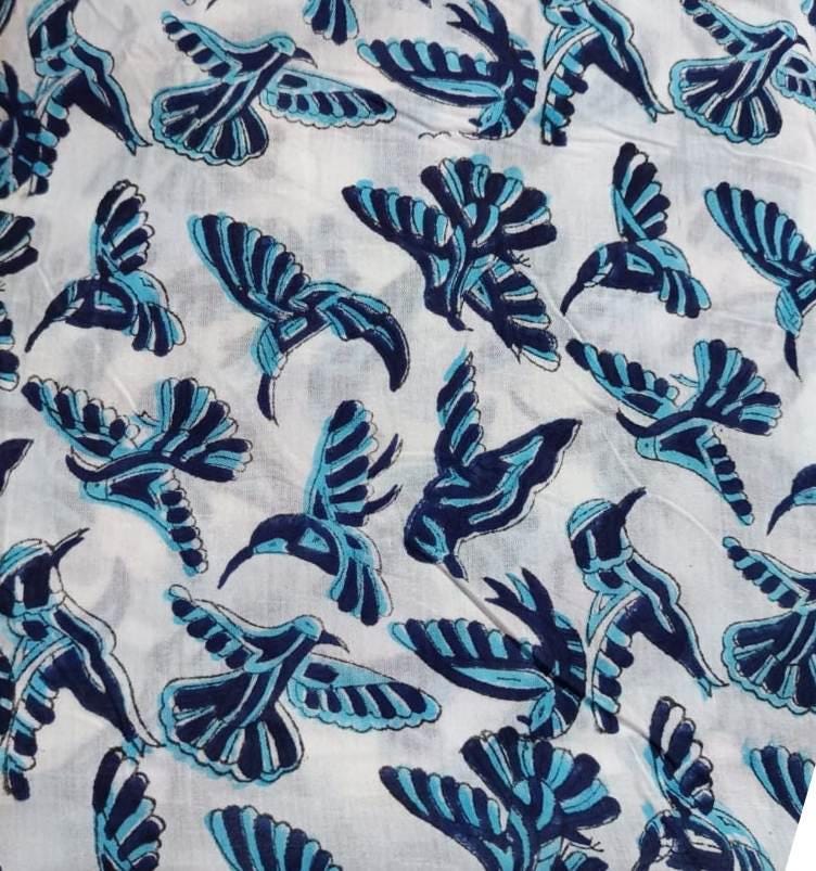 Blue Bird Cotton Fabric by the Yard, Hand Block Print Fabric, Indian Soft Cotton Material for Sewing, Quilting, Dressmaking Textile Fabrics