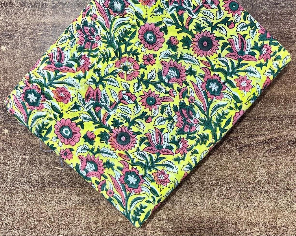 Yellow Hand Block Print Cotton Fabric, Floral Indian Cotton Fabric, Pink Green Printed Fabric by Yard, Sewing Quilting Dressmaking Fabric