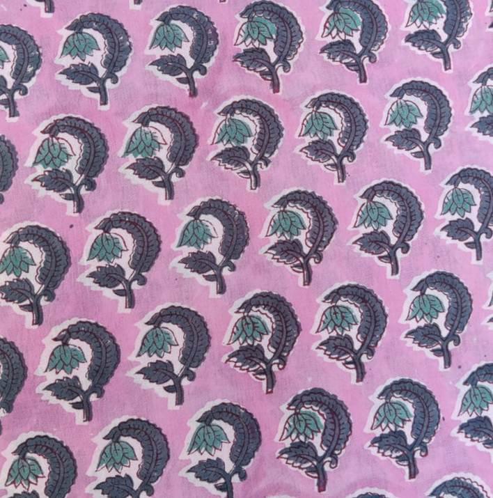 Pink Paisley Hand Block Print Cotton Fabric | Indian Soft Cotton by the Yard | Ethnic Leaf Motif for Quilting, Sewing, Dressmaking