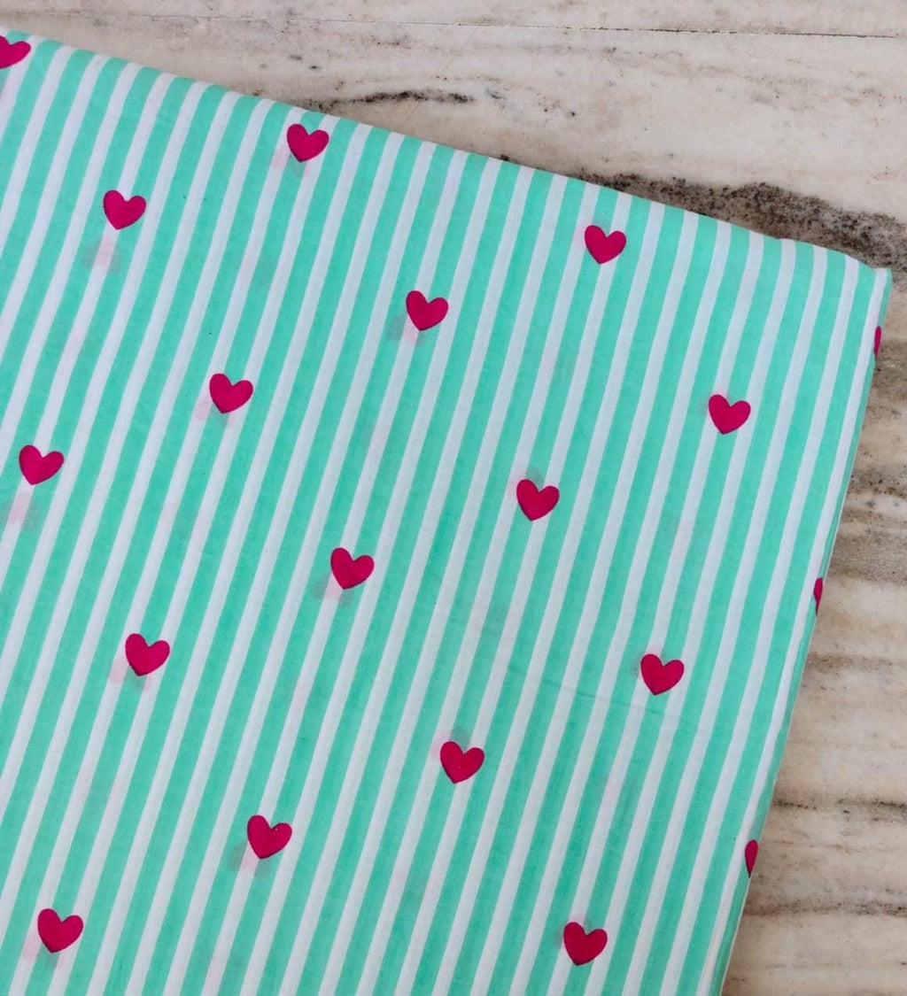 Mint Green Stripe Heart Cotton Fabric, Pink Heart Print Fabric, Vertical Stripe Fabric, Cute Valentine Fabric, Apparel Sewing Fabric, Napkin