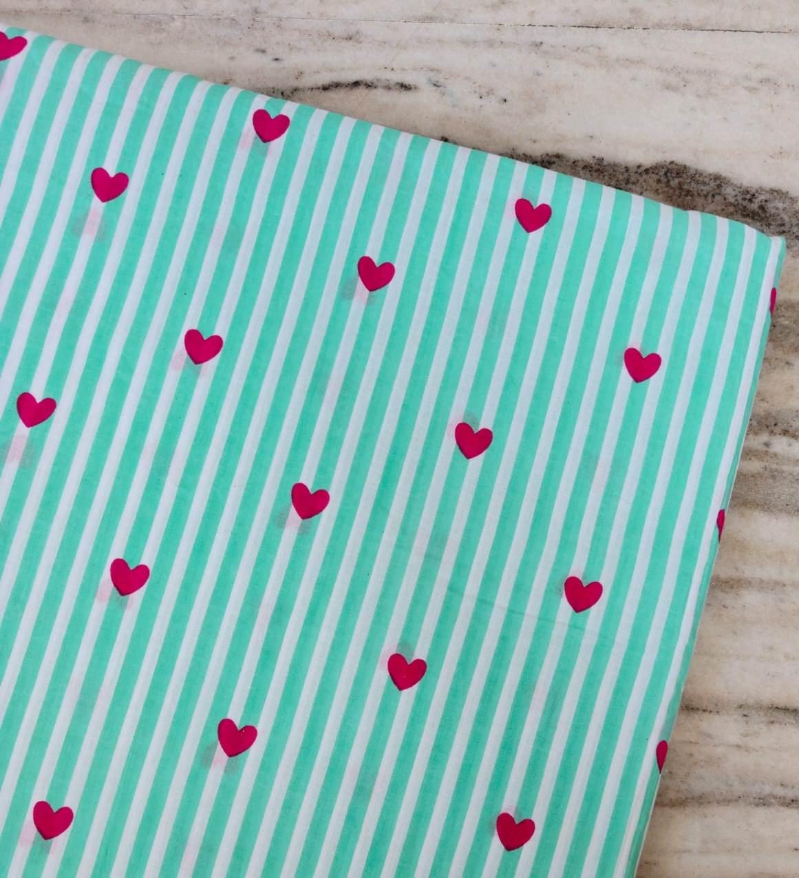 Mint Green Stripe Heart Cotton Fabric, Pink Heart Print Fabric, Vertical Stripe Fabric, Cute Valentine Fabric, Apparel Sewing Fabric, Napkin