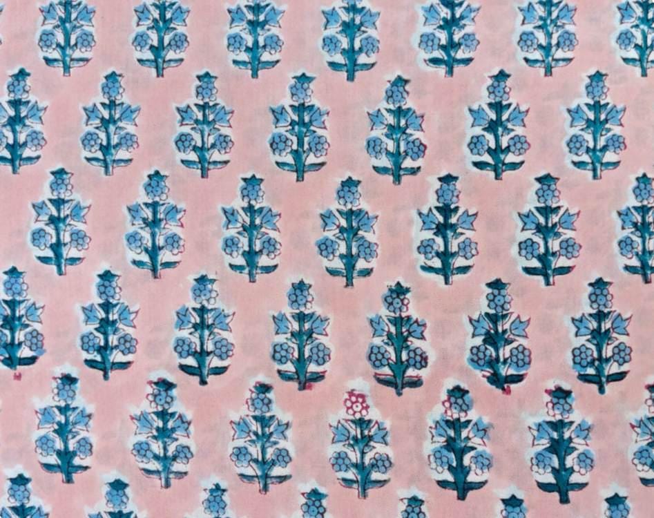 Pink Hand Block Print Cotton Fabric, Blue Floral Indian Fabric by the Yard, Soft Cotton for Quilting, Fabric For Dressmaking, Running Fabric