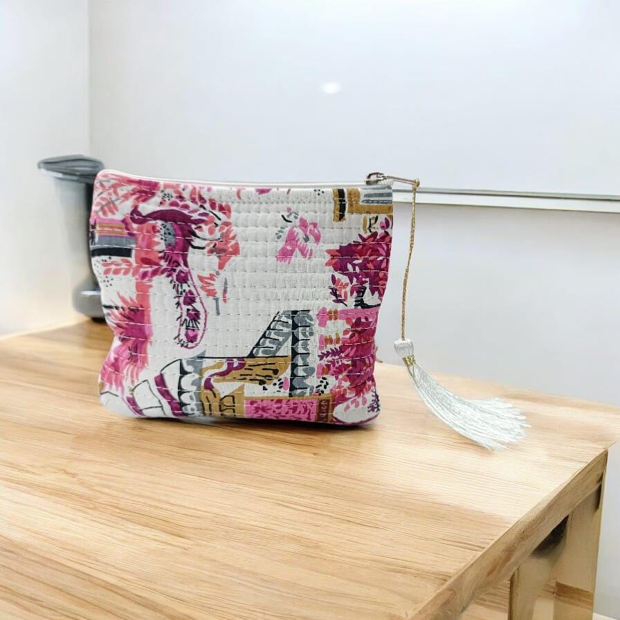 Hand-Stitched Floral Clutch – Quilted Zipper Pouch Gift for Her | Handmade Gift | Quilted Pouch With Tassel | Gift For Ideas