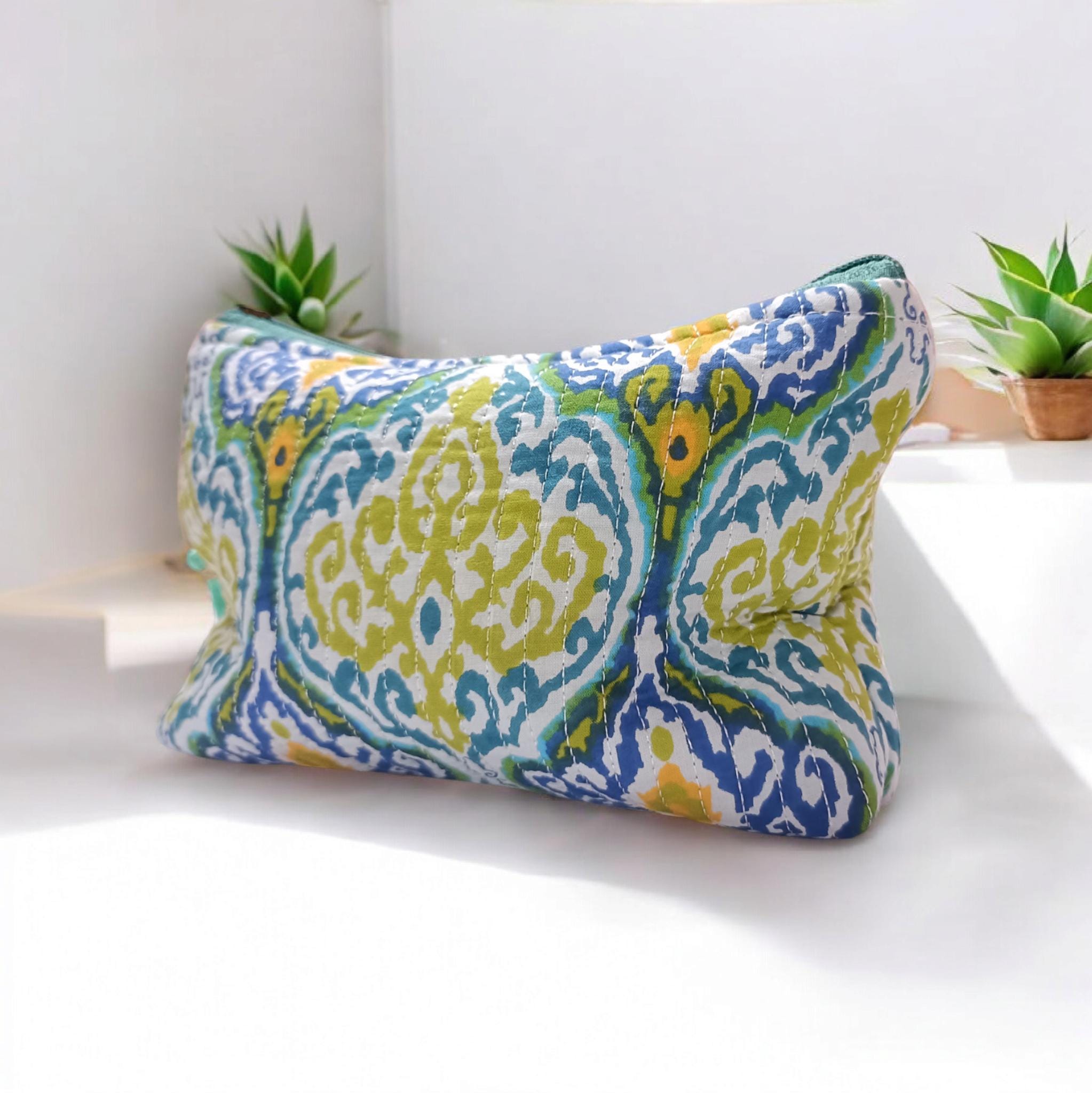 Handmade Floral Cotton Quilted Cosmetic Bag: Block Print Makeup Pouch