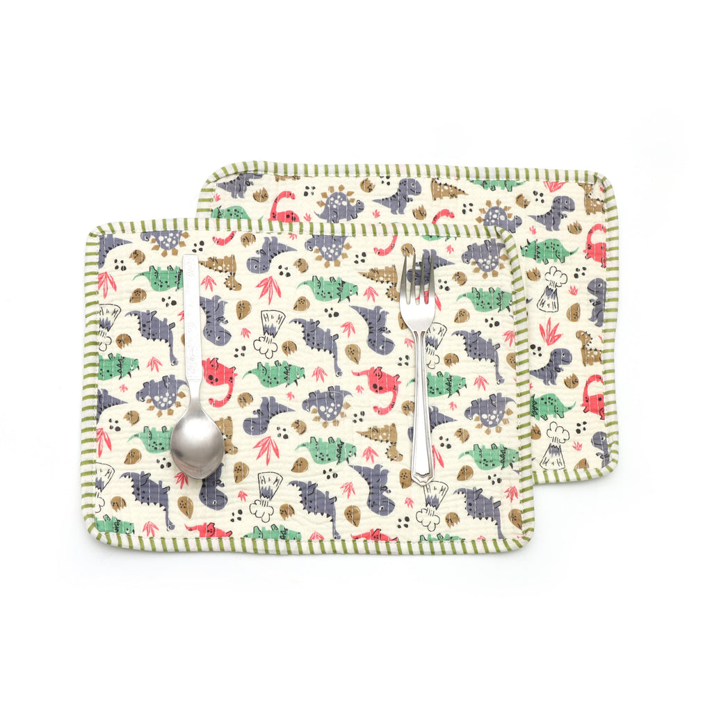Dinosaur Quilted Placemats Set, Kids Cotton Table Mats, Cute Dino Dining Decor, Indian Elephant Print Mini Placement, Personalised Gifts