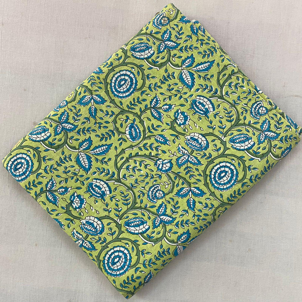 Green Soft Cotton, Indian Hand Block Print Fabric, 100% Cotton Fabric By The Yard, Fabric for Loose Running, Dress Making, Textile Fabric