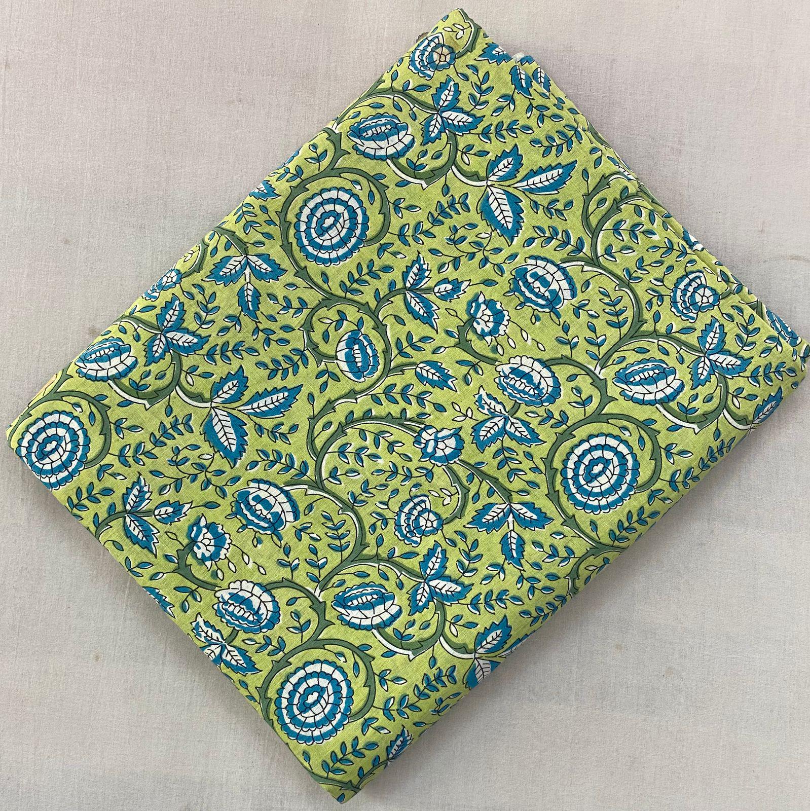 Green Soft Cotton, Indian Hand Block Print Fabric, 100% Cotton Fabric By The Yard, Fabric for Loose Running, Dress Making, Textile Fabric