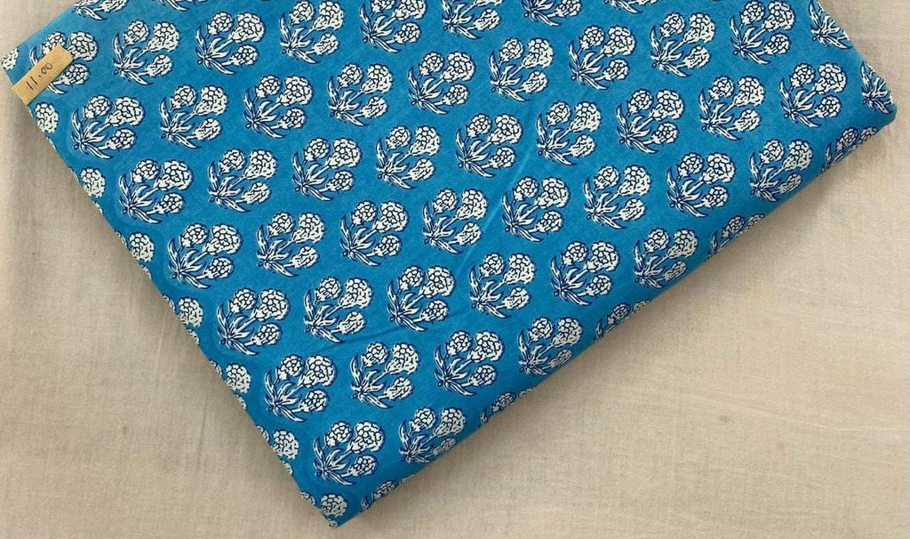 Blue Buti Hand Block Print Cotton Fabric, Soft Indian Floral Fabric by the Yard, Quilting, Sewing, Dressmaking, Loose Running Fabric, Gifts