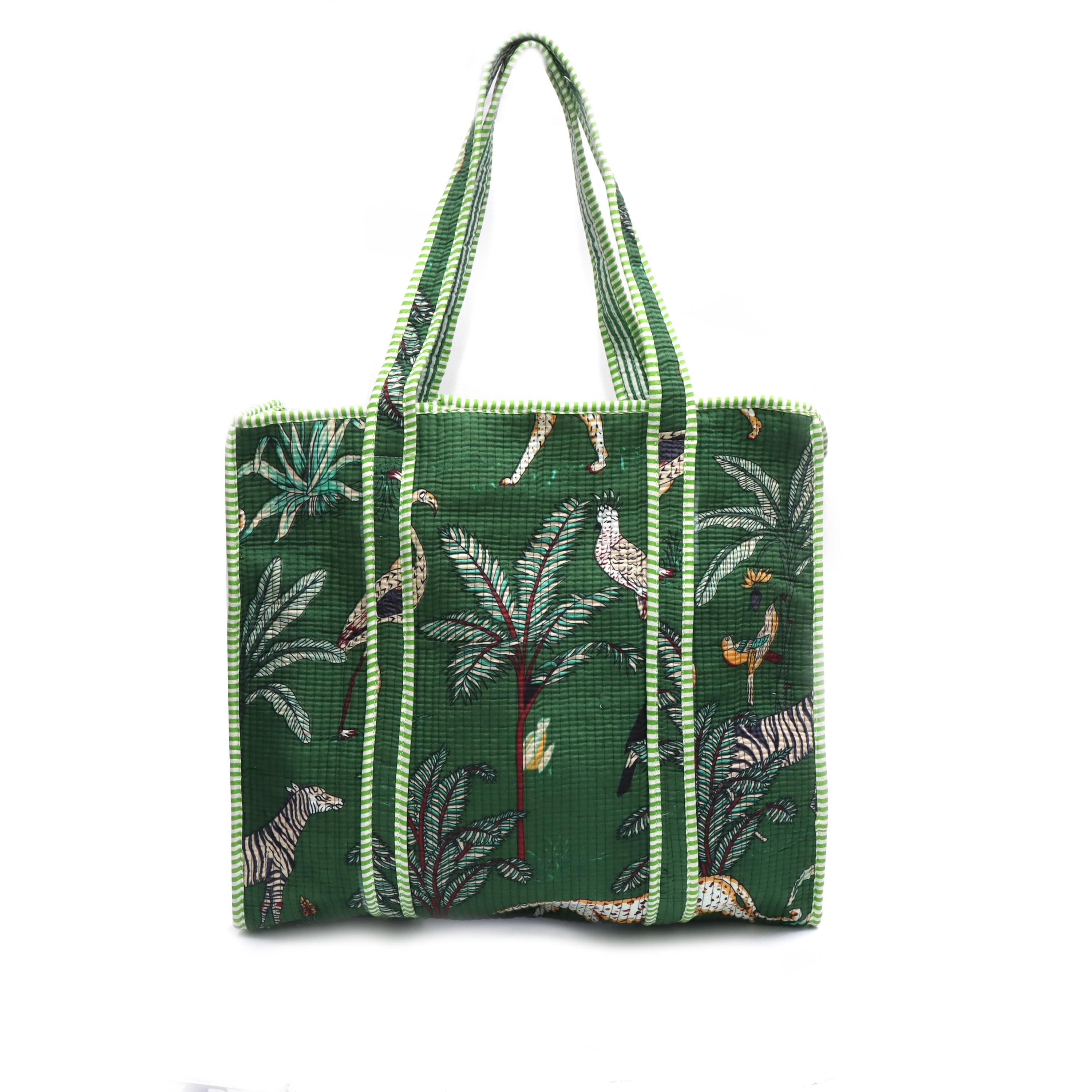 Green Jungle Tote Bag, Quilted Cotton Shoulder Bag, Safari Animal Print Tote, Tropical Palm Zebra Bird Bag, Market Shopper, Travel Beach Bag