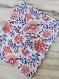 Blue Floral Cotton Fabric by Yard | Red Flower and White Base Hand Block Print | Indian Soft Cotton for Quilting, Dressmaking, Sewing Crafts