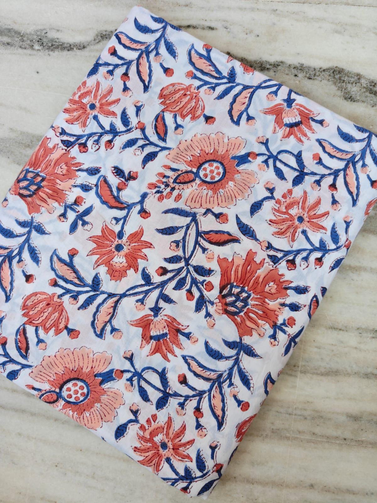 Blue Floral Cotton Fabric by Yard | Red Flower and White Base Hand Block Print | Indian Soft Cotton for Quilting, Dressmaking, Sewing Crafts