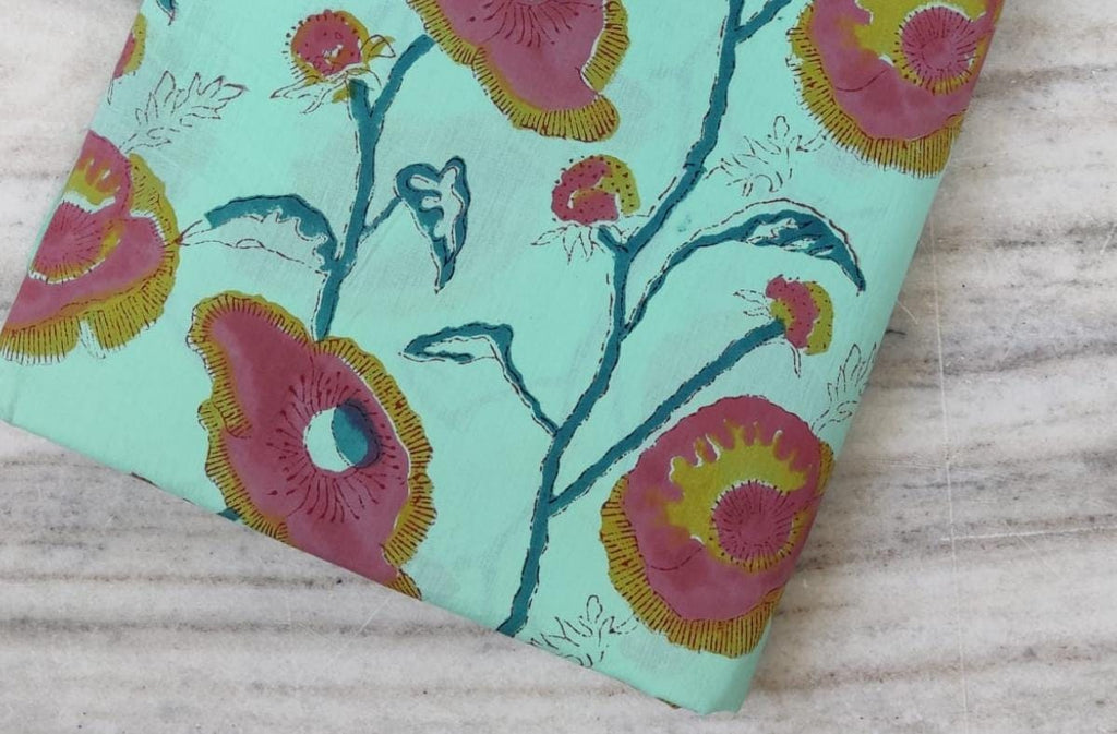 Turquoise Floral Cotton Fabric, Pink Flower Print Fabric, Quilting Cotton, Botanical Fabric by the Yard, Sewing Fabric, Craft Fabric