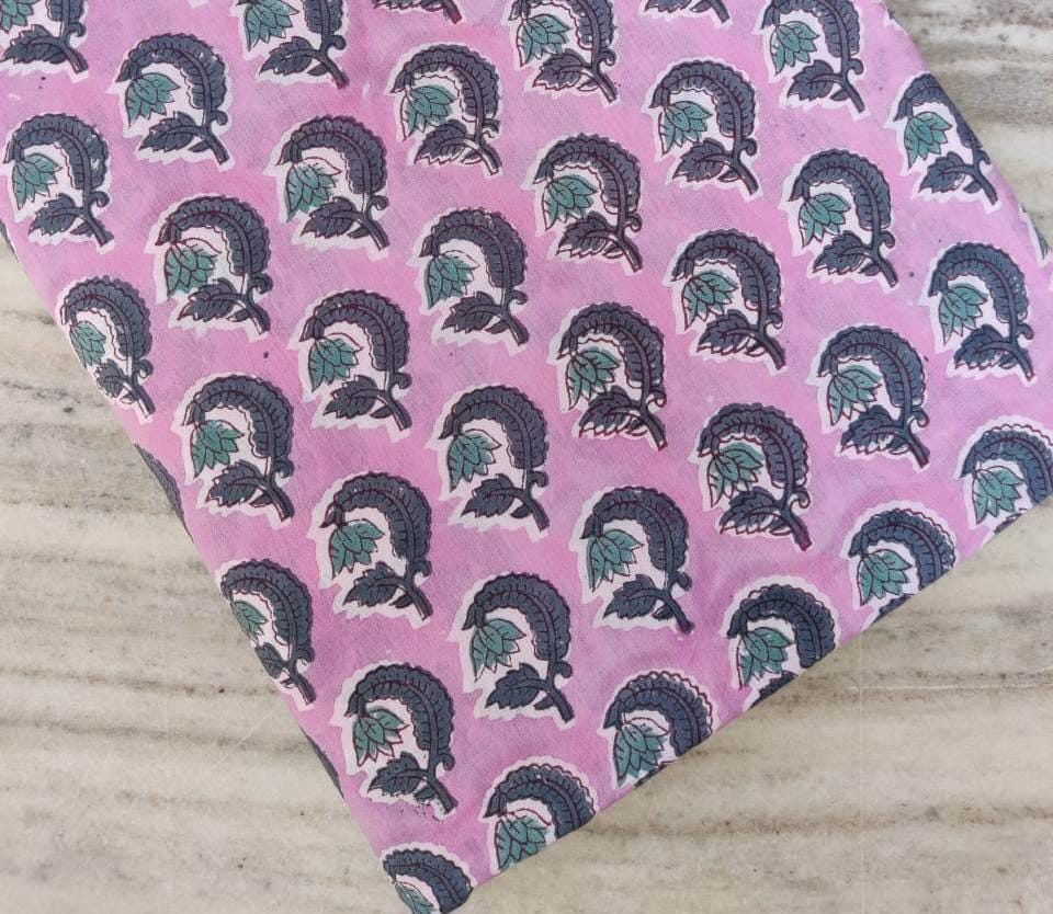 Pink Paisley Hand Block Print Cotton Fabric | Indian Soft Cotton by the Yard | Ethnic Leaf Motif for Quilting, Sewing, Dressmaking