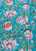 Handmade Hand Block Print Cotton Fabric by the Yard, Turquoise Floral Indian Cotton, Soft Summer Fabric for Dressmaking, Sewing, Curtains