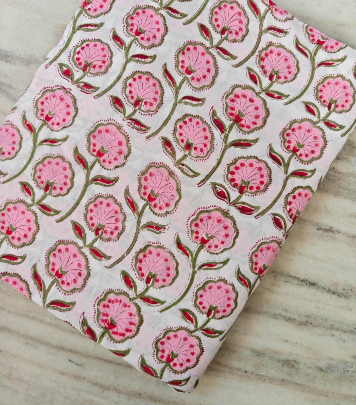 Pink Floral Cotton Fabric by Yard, Indian Block Print Fabric, Hand Block Flower Print Material, Soft White Cotton for Dressmaking, Quilting