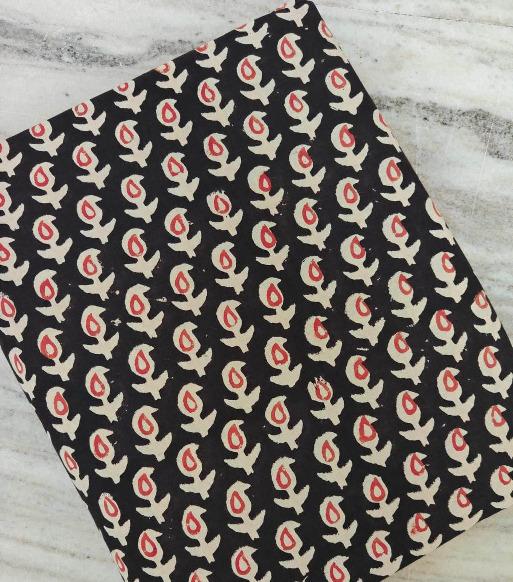 Black Floral Cotton Fabric Hand Block Print Fabric Red and Cream Flower Pattern Fabric By The Yard Handmade Textile for DIY Sewing Projects