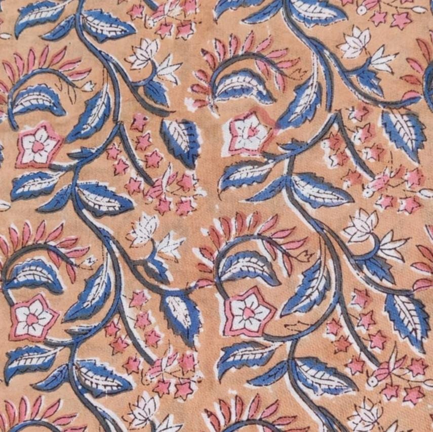 Pink & Blue Indian Hand Block Print Fabric, 100% Cotton Quilting Fabric By The Yard, Dressmaking Fabric, Loose Running Fabric, Napkin Fabric