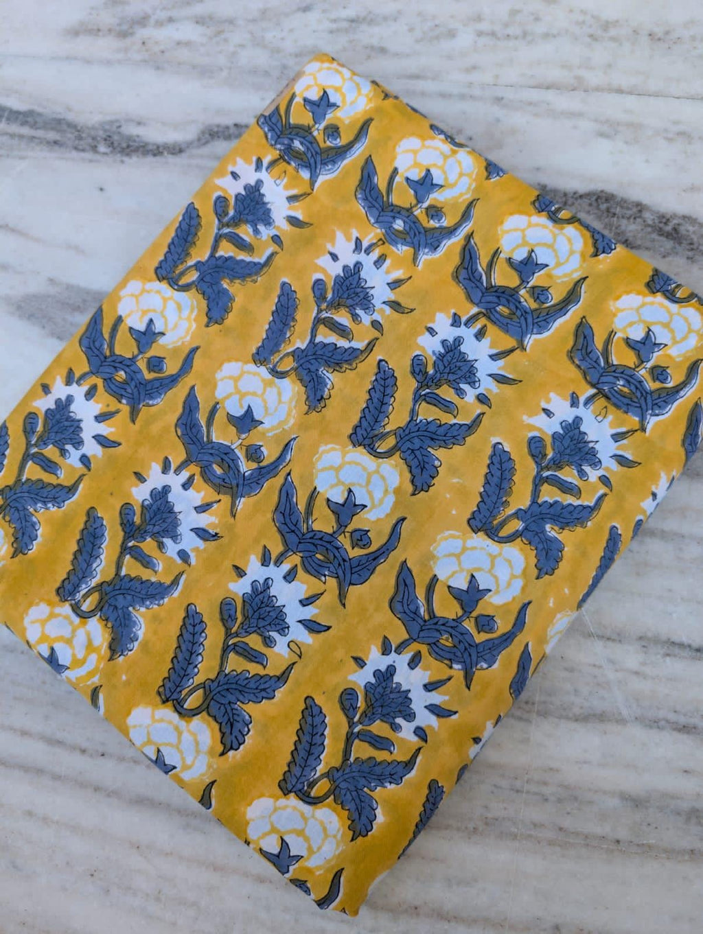 Yellow Floral Block Print Cotton Fabric | Blue & White Hand Block Print Material | Sewing, Quilting, Dressmaking Fabric by the Yard