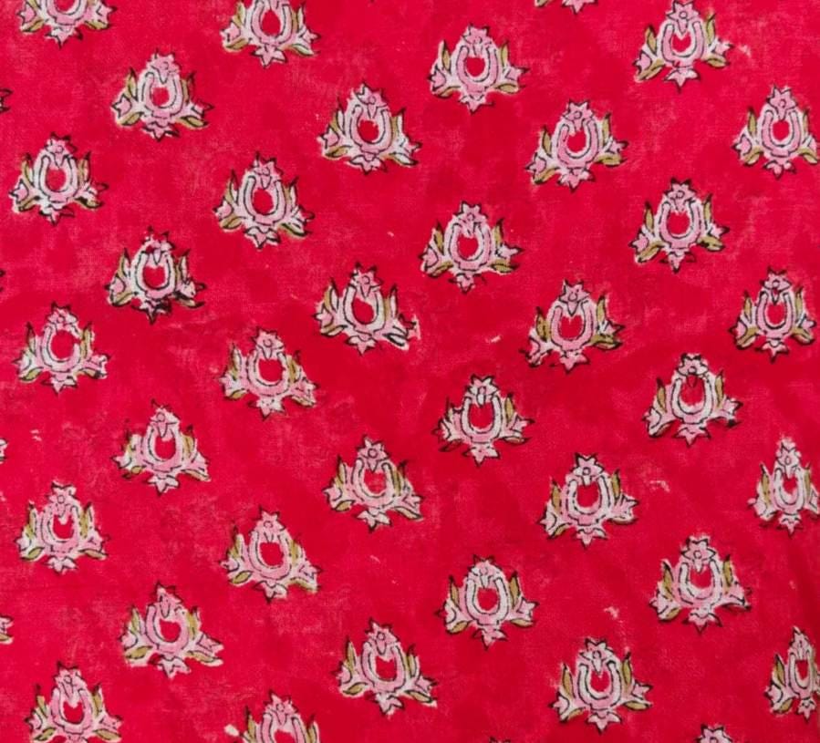 Red Floral Cotton Fabric, Hand Block Print Fabric, Indian Cotton Textile, Soft Lightweight Fabric, Dressmaking Sewing Material, Craft Fabric