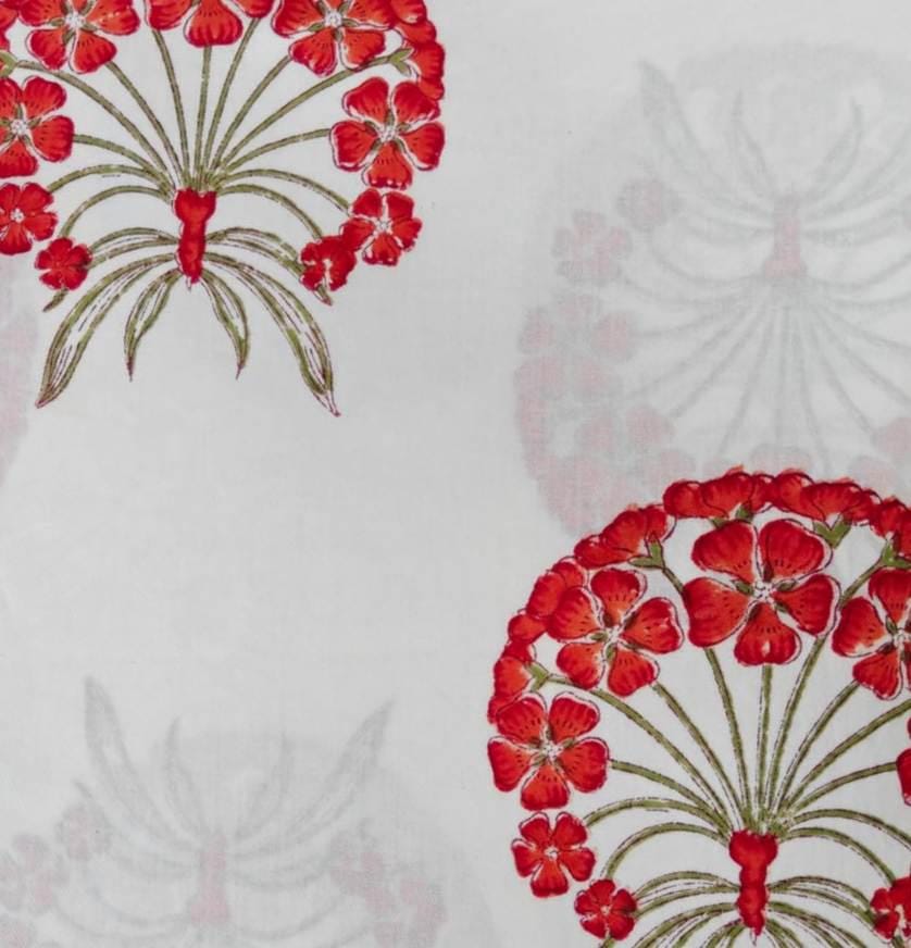 Red and White Designer Hand Block Print Fabric, Floral 100% Cotton Quilting Fabric By The Yard, Fabric For Dressmaking, Loose Running Fabric