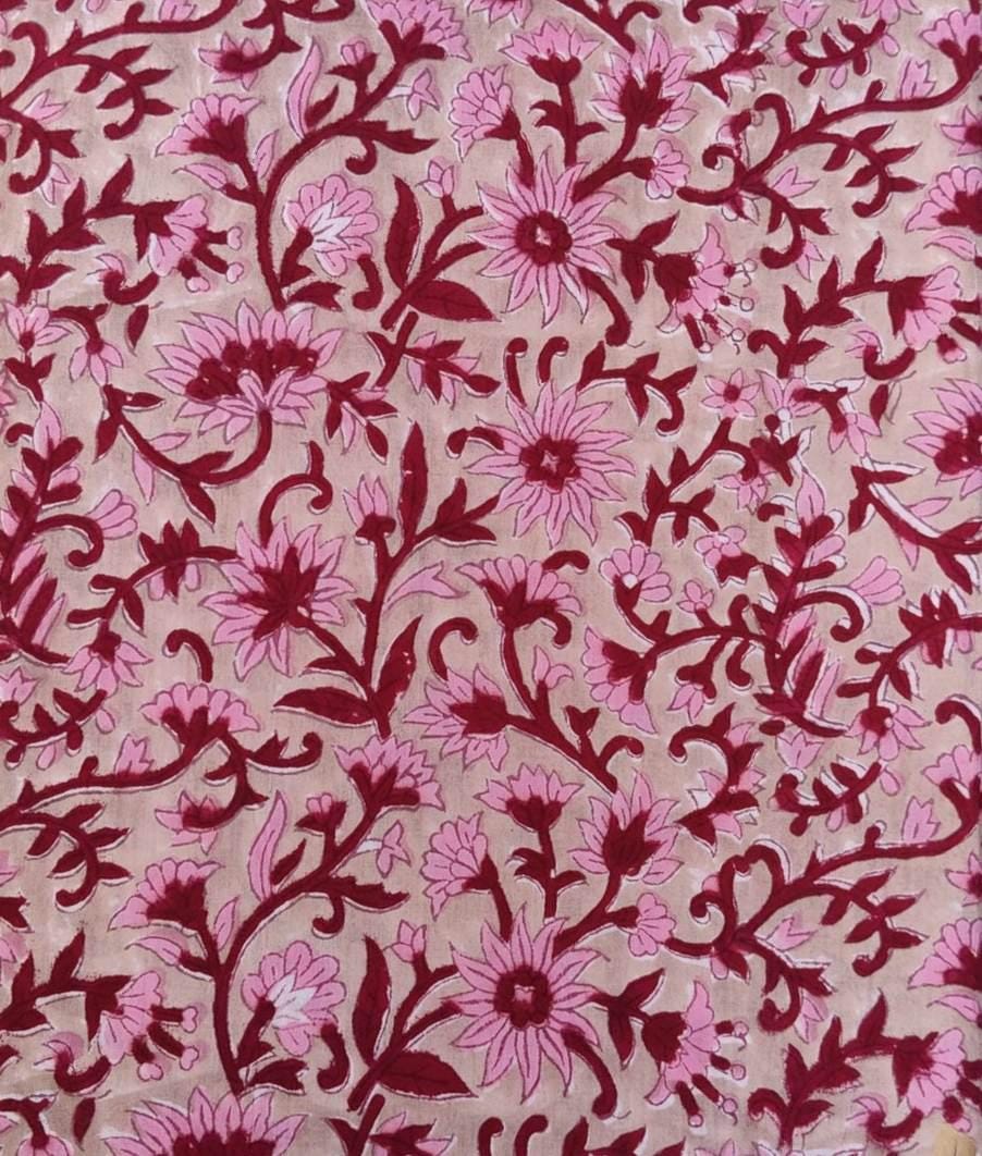 Pink Floral Block Print Cotton Fabric by the Yard, Soft Indian Cotton for Sewing, Dressmaking, Kurta, Quilting, Handmade Running Fabric