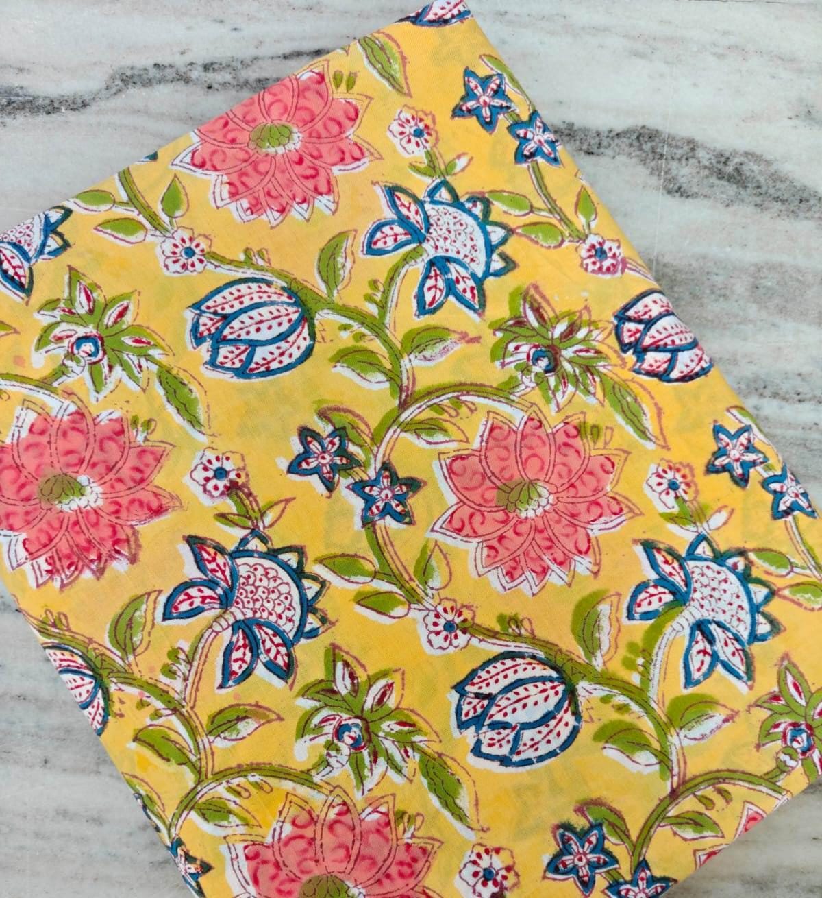 Yellow Floral Cotton Fabric, Indian Block Print Fabric by the Yard, Pink Blue Flower Print, Quilting Sewing Fabric, Loose Running Fabric