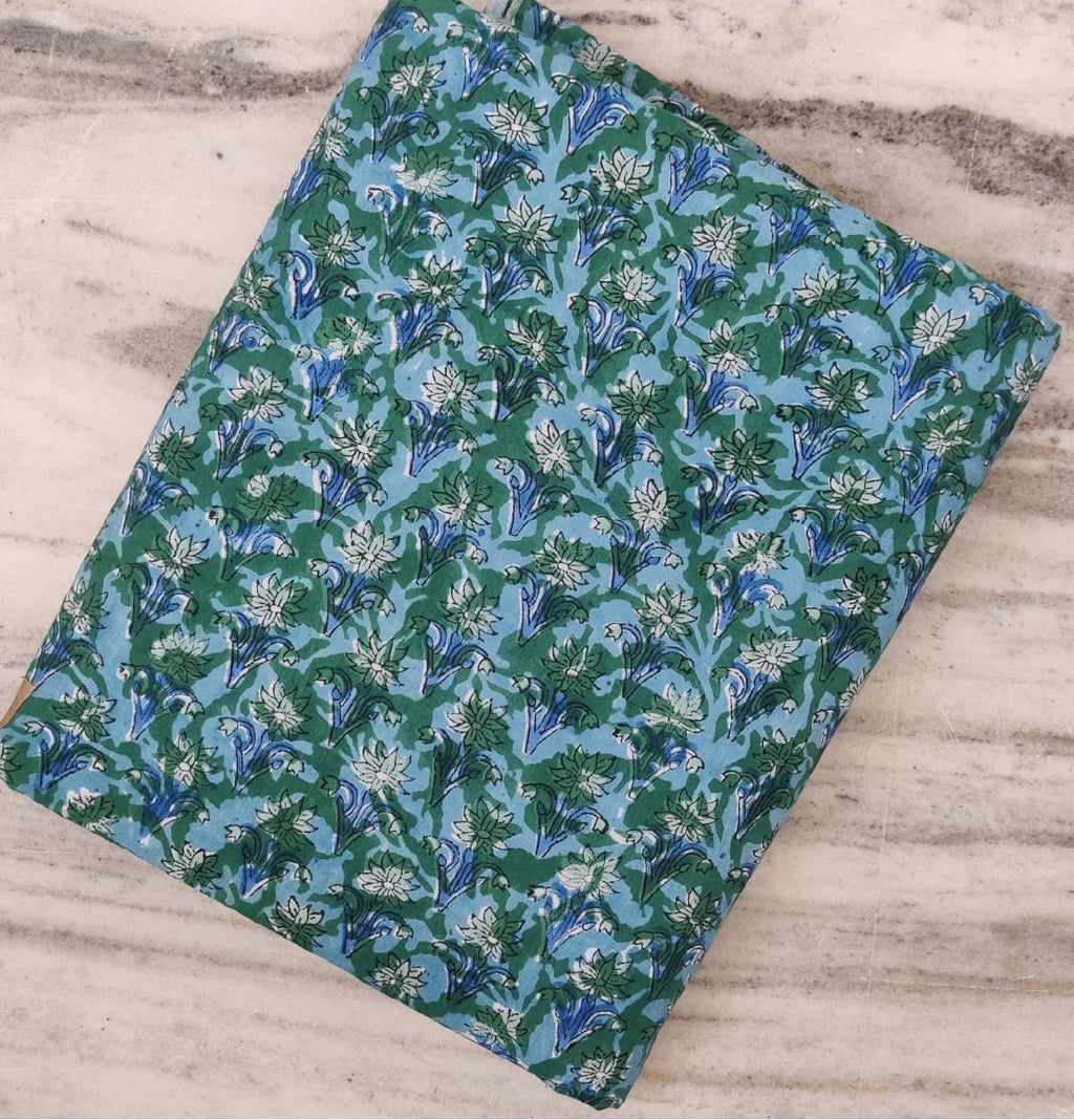 Blue Green Floral Cotton Fabric, Indian Hand Block Print Fabric, Floral 100% Cotton Fabric By The Yard, Loose Running Fabric, Textile Fabric