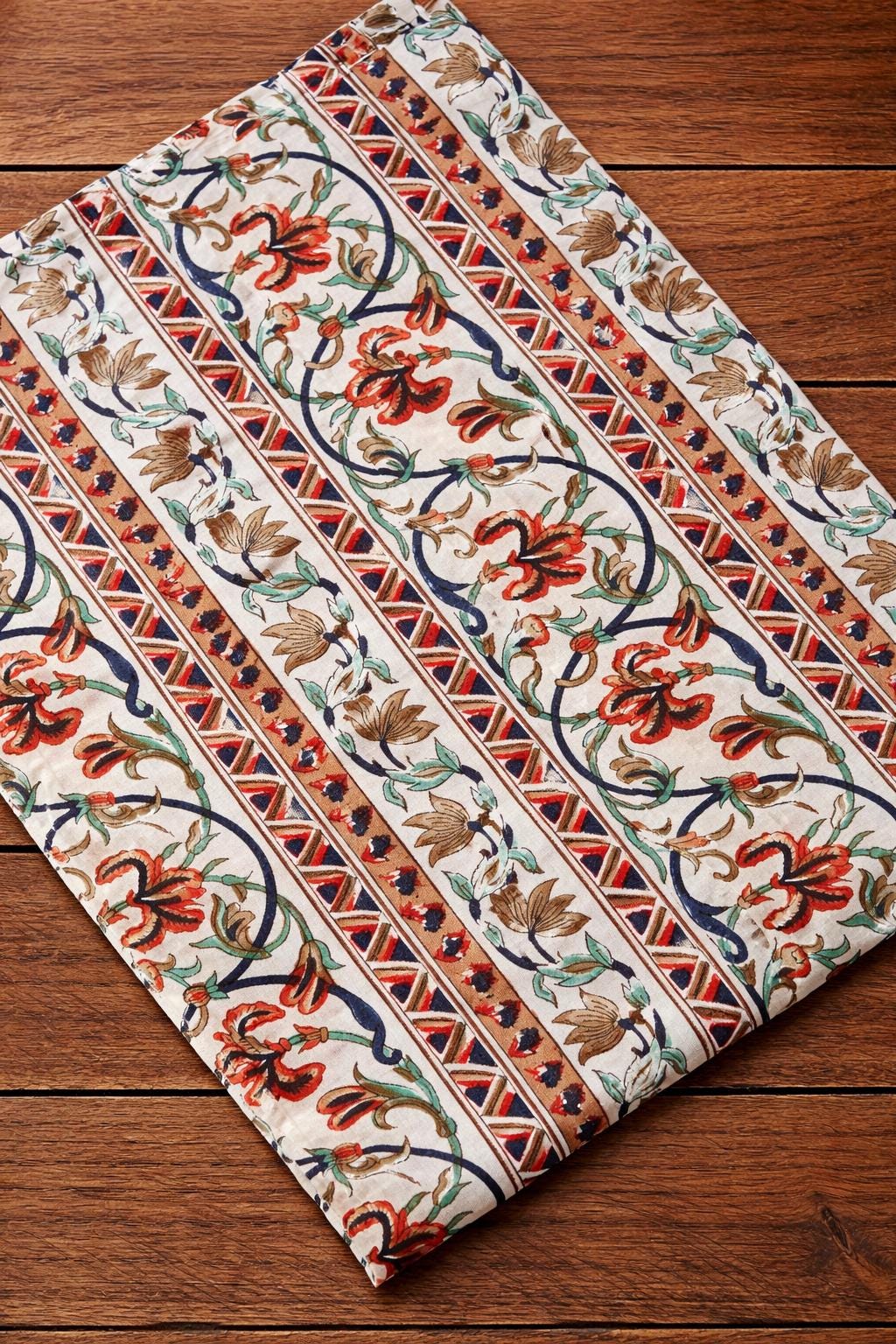 Floral Vine with Geometric Border, Indian Ethnic Cotton Textile, Indian Hand Block Print Cotton Fabric, Loose Running Fabric, Napkins Fabric