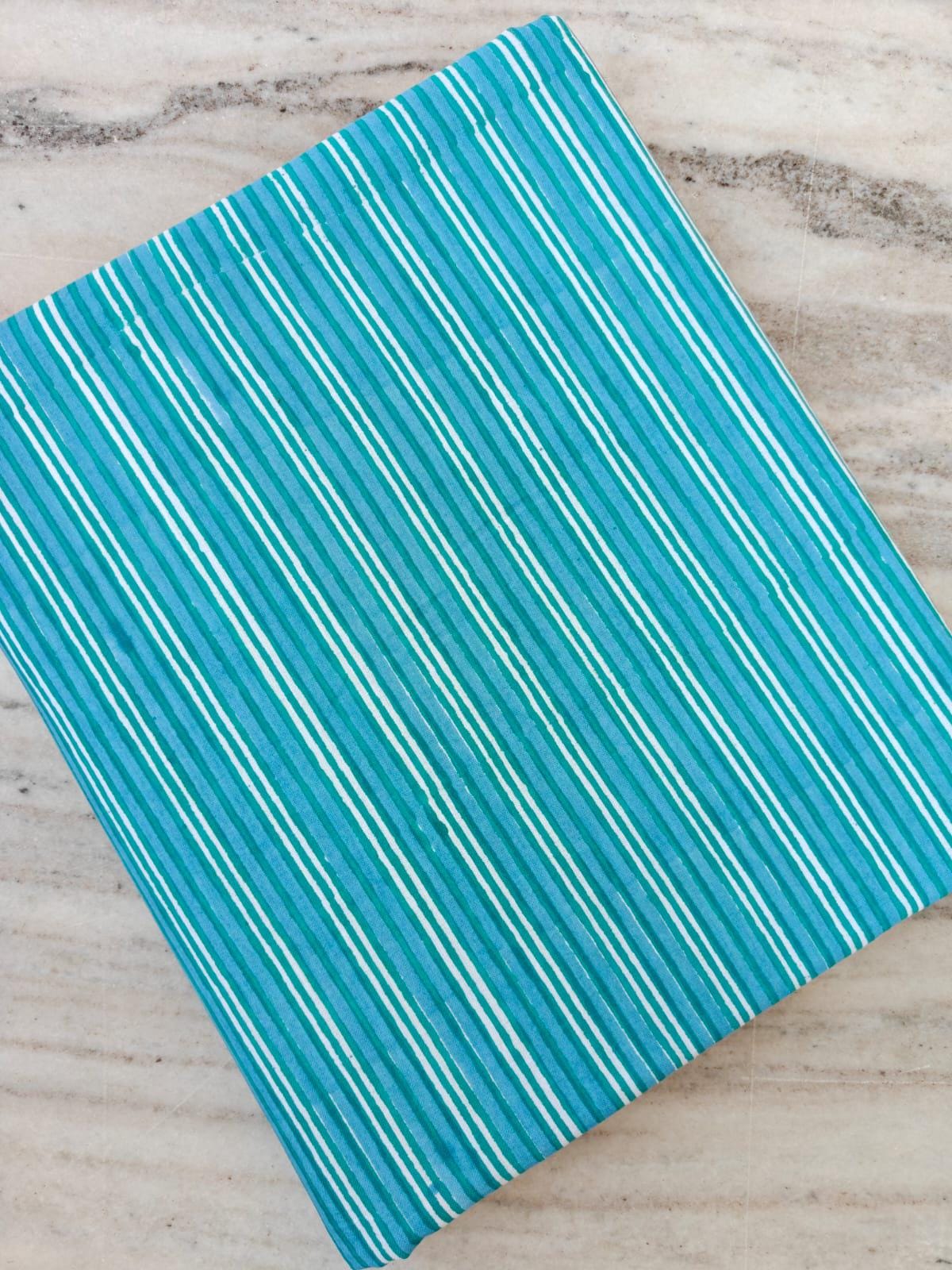 Turquoise Striped Cotton Fabric, Indian Hand Block Print Fabric, Teal Stripe Cotton by Yard, Boho Sewing Fabric, Dressmaking Quilting Fabric