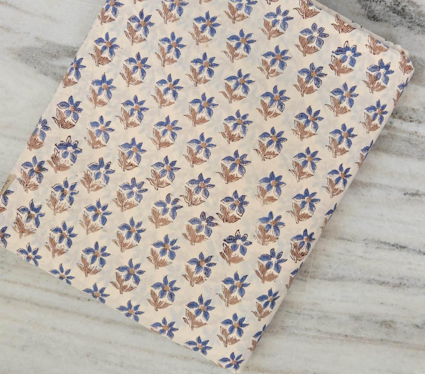 Blue Floral Cotton Fabric, Small Flower Block Print Fabric, Beige Cotton Fabric by the Yard, Vintage Floral Fabric for Sewing Dress & Crafts
