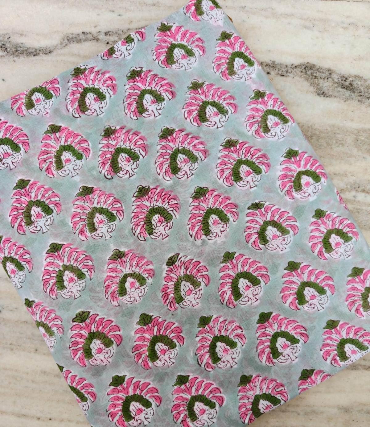 Hand Block Print Cotton Fabric, Pink Floral on Mint Green, Indian Cotton Textile, Soft Lightweight Fabric for Dressmaking, Quilting & Crafts