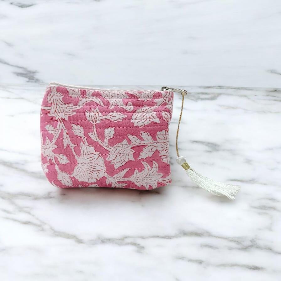 Personalized Mini Quilted Pouch | Pink Floral Block Print | Small Zipper Bag with Tassel | Fabric Pouch | Block Print Accessory Bag