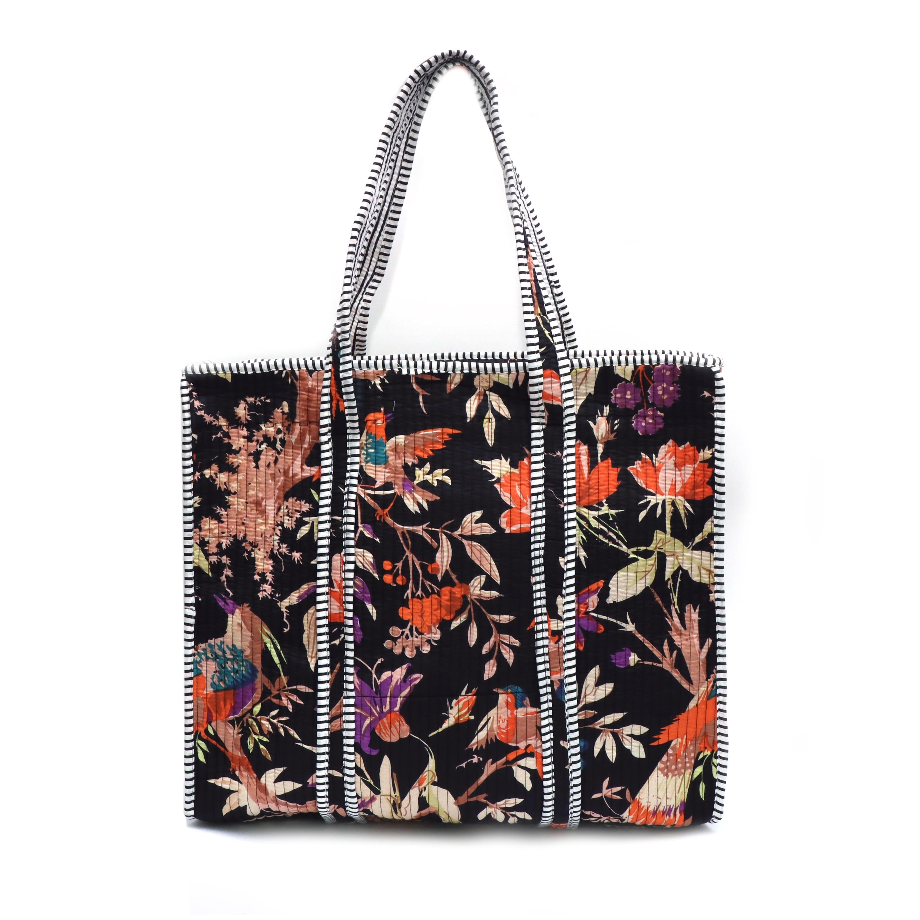 Dark Floral Bird Tote Bag, Black Quilted Tote Bag Vintage Style Cotton Shopper, Statement Everyday Bag, Large Boho Market Tote, Gift for Her